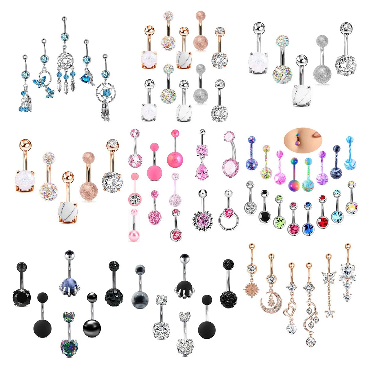 5-12pc/Set Cute Dangle Belly Ring Pack 14G Navel Piercing Bulk Sexy Belly Ring Set Belly Button Ring Lot Pircing Ombligo Jewelry