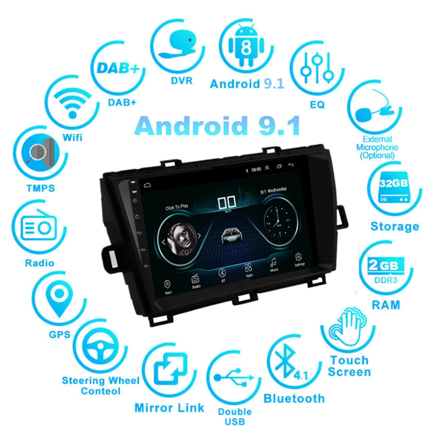 For Toyota Prius 2009-2013 Left 9''  RAM 2GB ROM 32GB Car Stereo Radio GPS WIFI  BT DAB Mirror Link