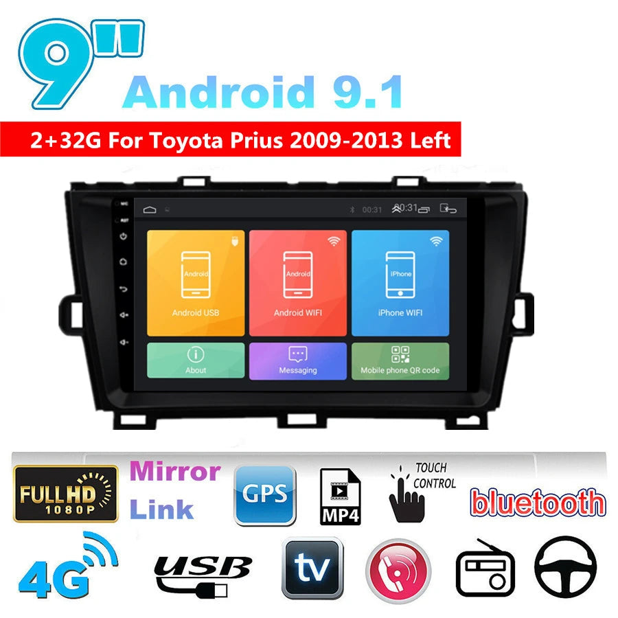 For Toyota Prius 2009-2013 Left 9''  RAM 2GB ROM 32GB Car Stereo Radio GPS WIFI  BT DAB Mirror Link