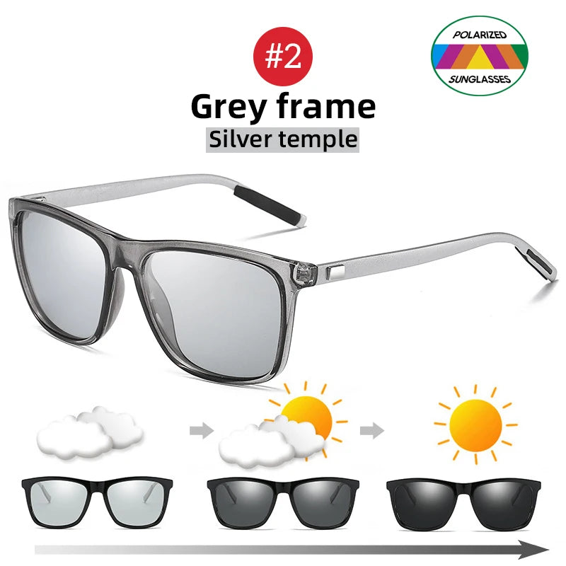 VIVIBEE Farbwechsel Grauer Rahmen Photochrome Polarisierte Sonnenbrille Herren Quadratisch Klassisch Chamäleon Brille Übergangslinsen