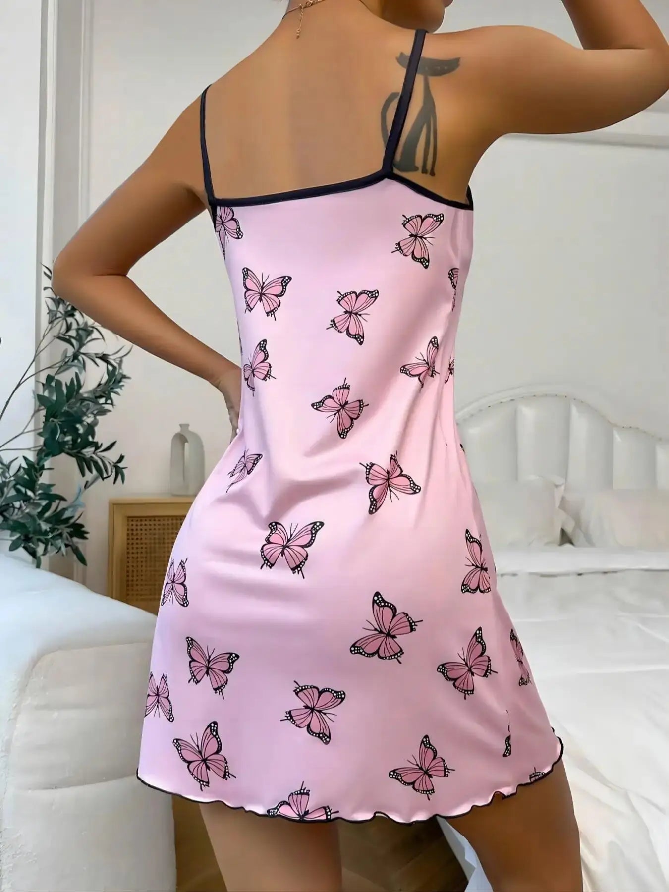 Sexy Heart Eyelash Print Slip Nightdress Lettuce Trim Round Neck Sleep Mini Dress For Valentine's Day Women's Sleepwear Dresses