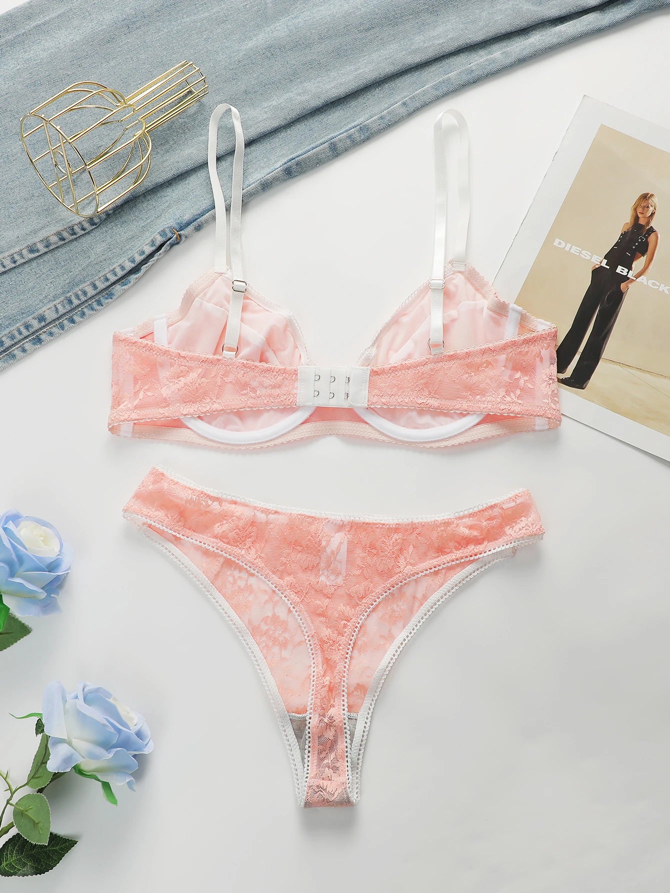 Neue Damen-Unterwäsche-Set mit Spitze, rosa Blume, sexy, ultradünne Unterwäsche, 2-teiliges Set, BH und Tangas, Push-Up-BH, MR2643