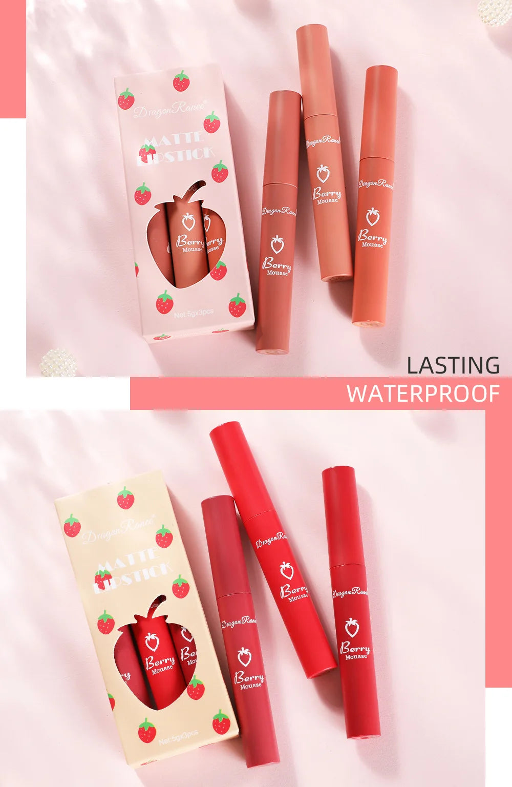 3 stücke Erdbeere Lip Glaze Set Samt Matte Flüssigen Lippenstift Lippenstift