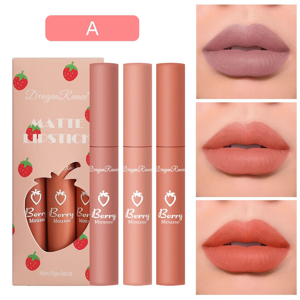 3 stücke Erdbeere Lip Glaze Set Samt Matte Flüssigen Lippenstift Lippenstift