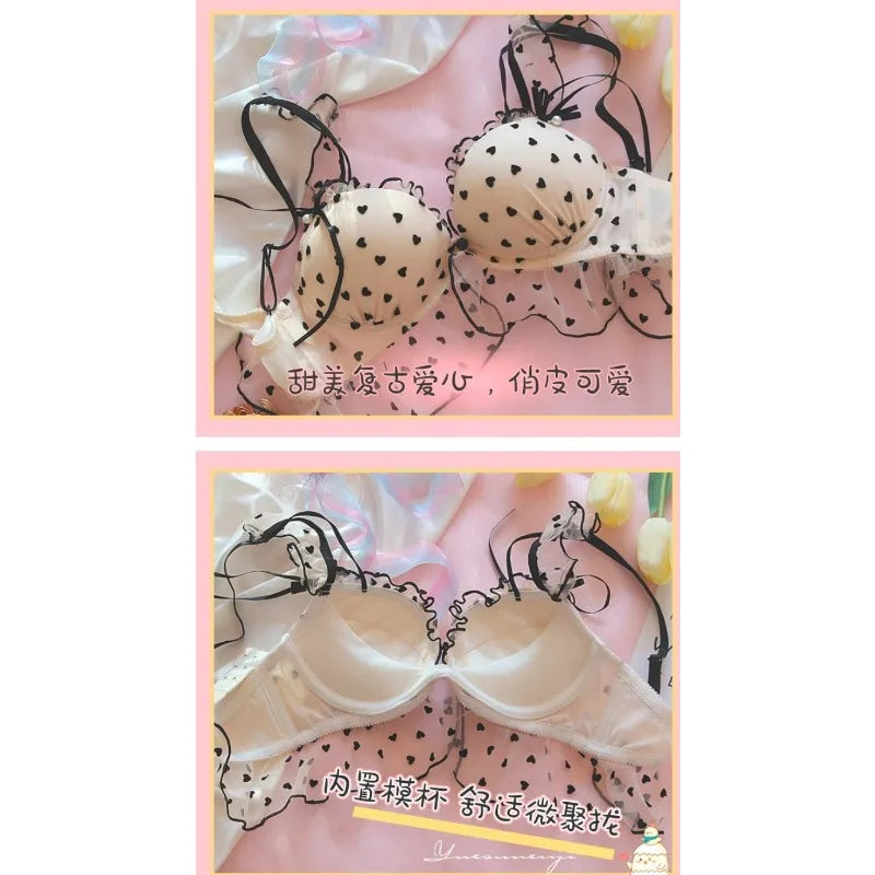 Japanisches Mädchen Polka Dot BH Set Pure Desire Sexy ohne Bügel Kleine Brust Push-Up Unterwäsche Niedlicher Spitzen-BH