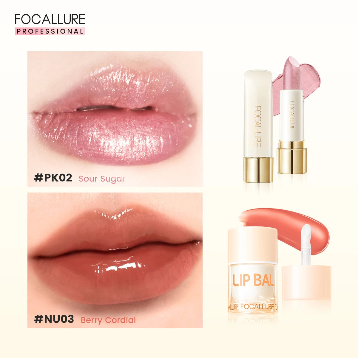 FOCALLURE 2 Stück Lipgloss Diamant-Lippenstift Nicht klebender flüssiger Lippenstift Set Feuchtigkeitsspendende Lip Blam Lippen Make-up Kosmetik