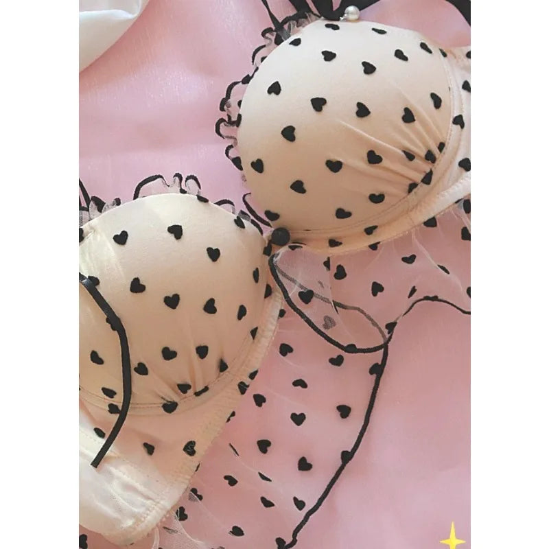 Japanisches Mädchen Polka Dot BH Set Pure Desire Sexy ohne Bügel Kleine Brust Push-Up Unterwäsche Niedlicher Spitzen-BH