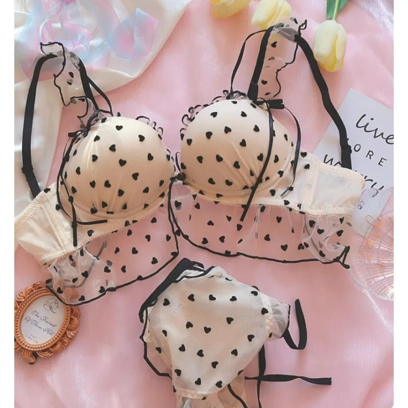 Japanisches Mädchen Polka Dot BH Set Pure Desire Sexy ohne Bügel Kleine Brust Push-Up Unterwäsche Niedlicher Spitzen-BH