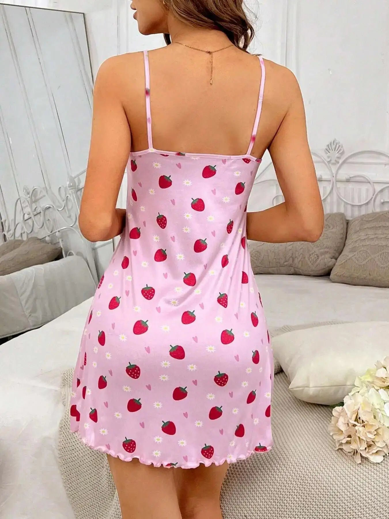 Sexy Heart Eyelash Print Slip Nightdress Lettuce Trim Round Neck Sleep Mini Dress For Valentine's Day Women's Sleepwear Dresses