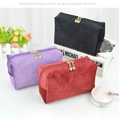 1 Pc Velvet Women Cosmetic Bag Travel Large Makeup Bag Solid Color Zipper Lipstick Storage Bags Female Make Up Organizer Pouch - ActiveLifeTech