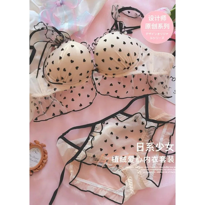 Japanisches Mädchen Polka Dot BH Set Pure Desire Sexy ohne Bügel Kleine Brust Push-Up Unterwäsche Niedlicher Spitzen-BH