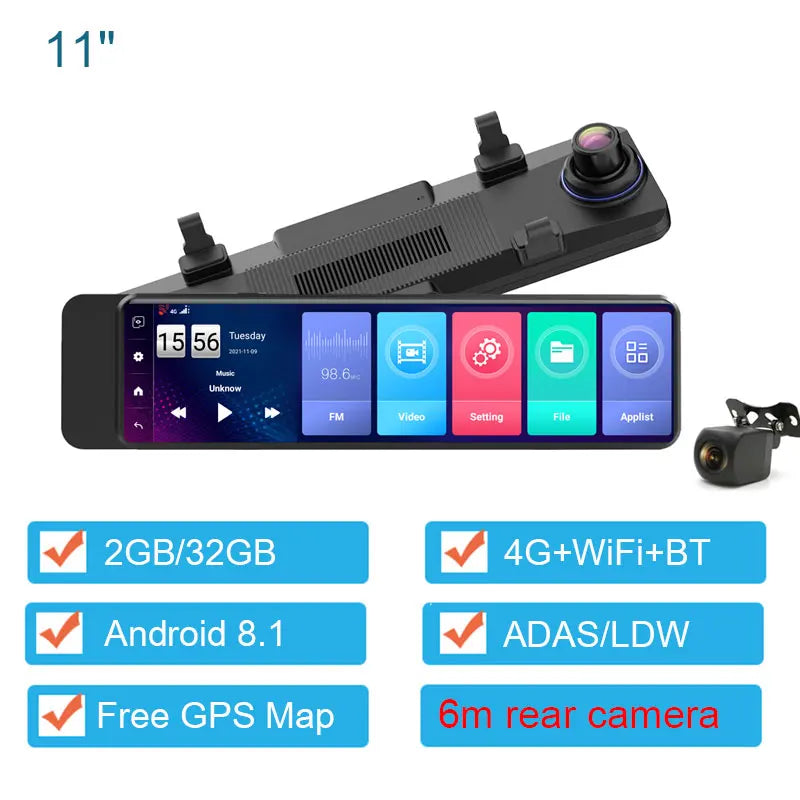 11 zoll Android Auto DVR Touchscreen Rückspiegel Dash Cam 4G hinten Dual Objektiv GPS Kamera Auto Video Recorder Dashboard