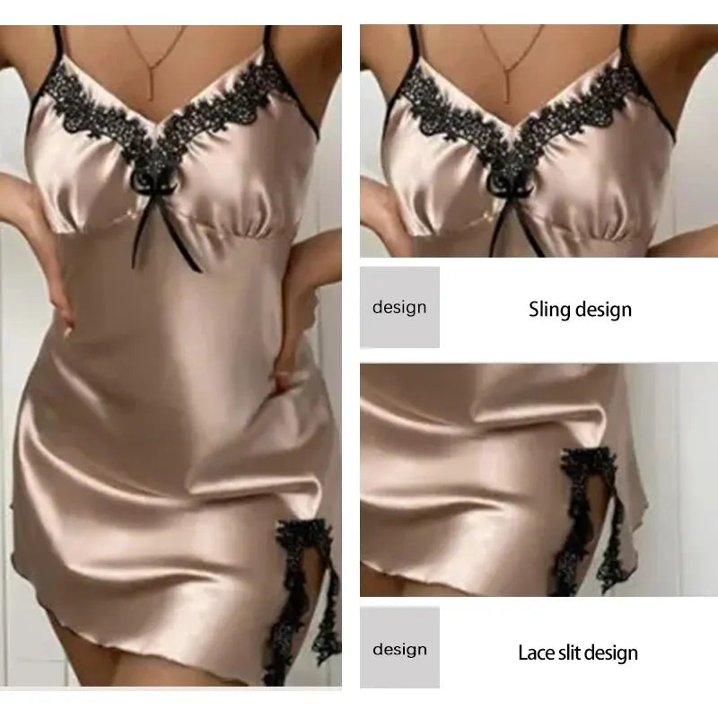 Sommer-Schlafanzug für Damen mit tiefem V-Ausschnitt, sexy, ärmellos, Spitze an der Seite, leicht geöffnete Riemen, einfarbiges Kleid, Pyjama