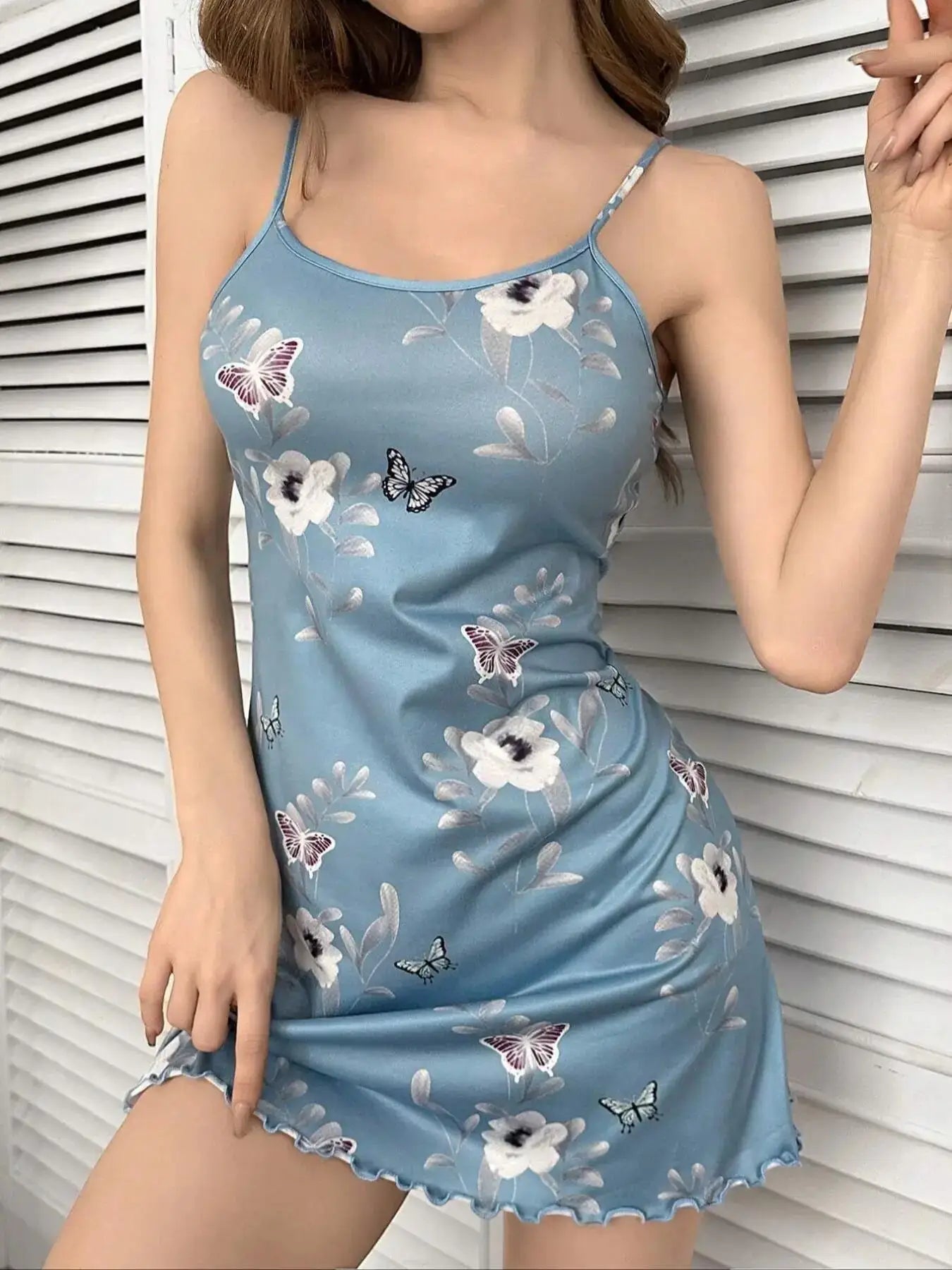 Sexy Heart Eyelash Print Slip Nightdress Lettuce Trim Round Neck Sleep Mini Dress For Valentine's Day Women's Sleepwear Dresses