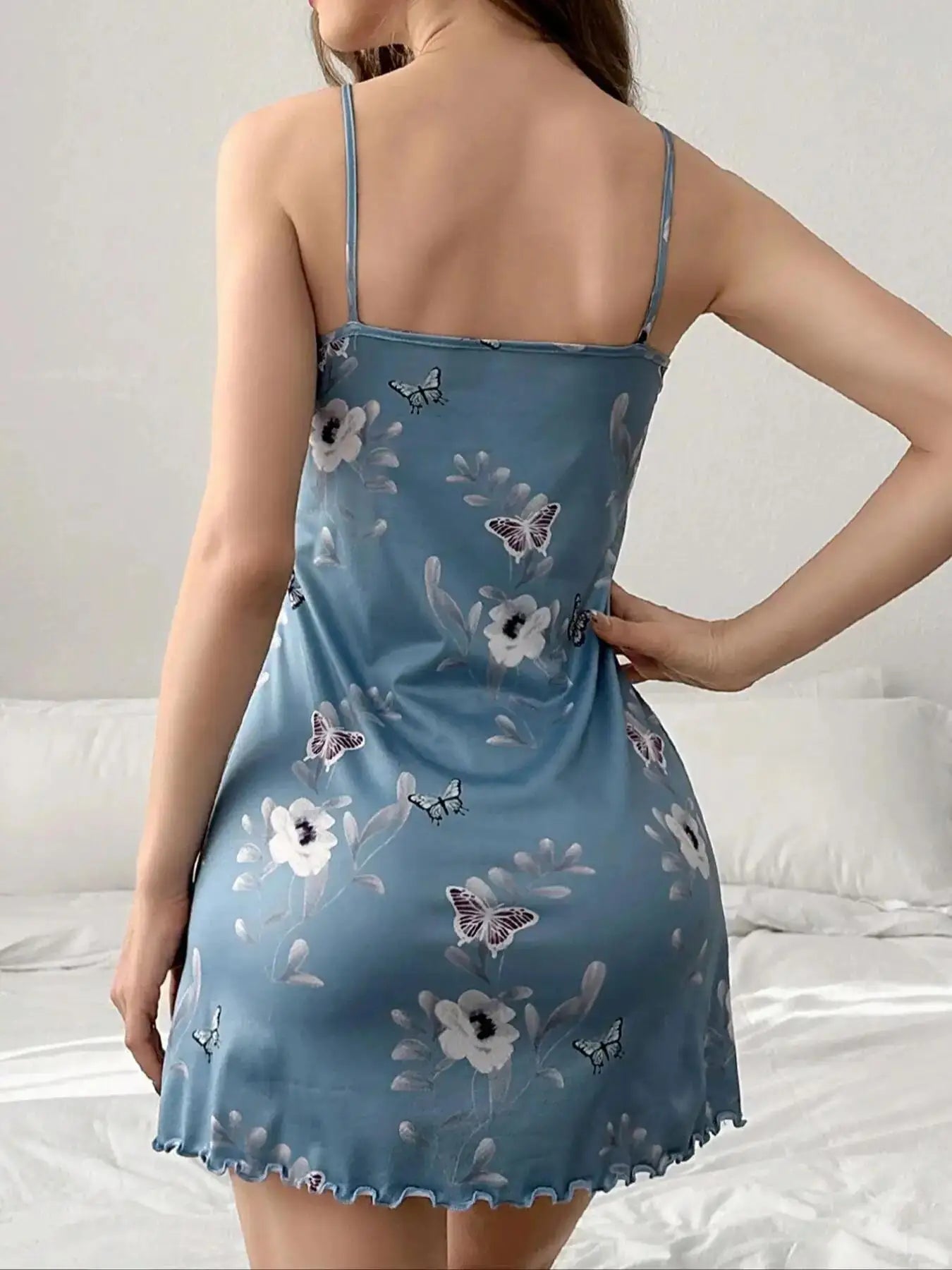 Sexy Heart Eyelash Print Slip Nightdress Lettuce Trim Round Neck Sleep Mini Dress For Valentine's Day Women's Sleepwear Dresses