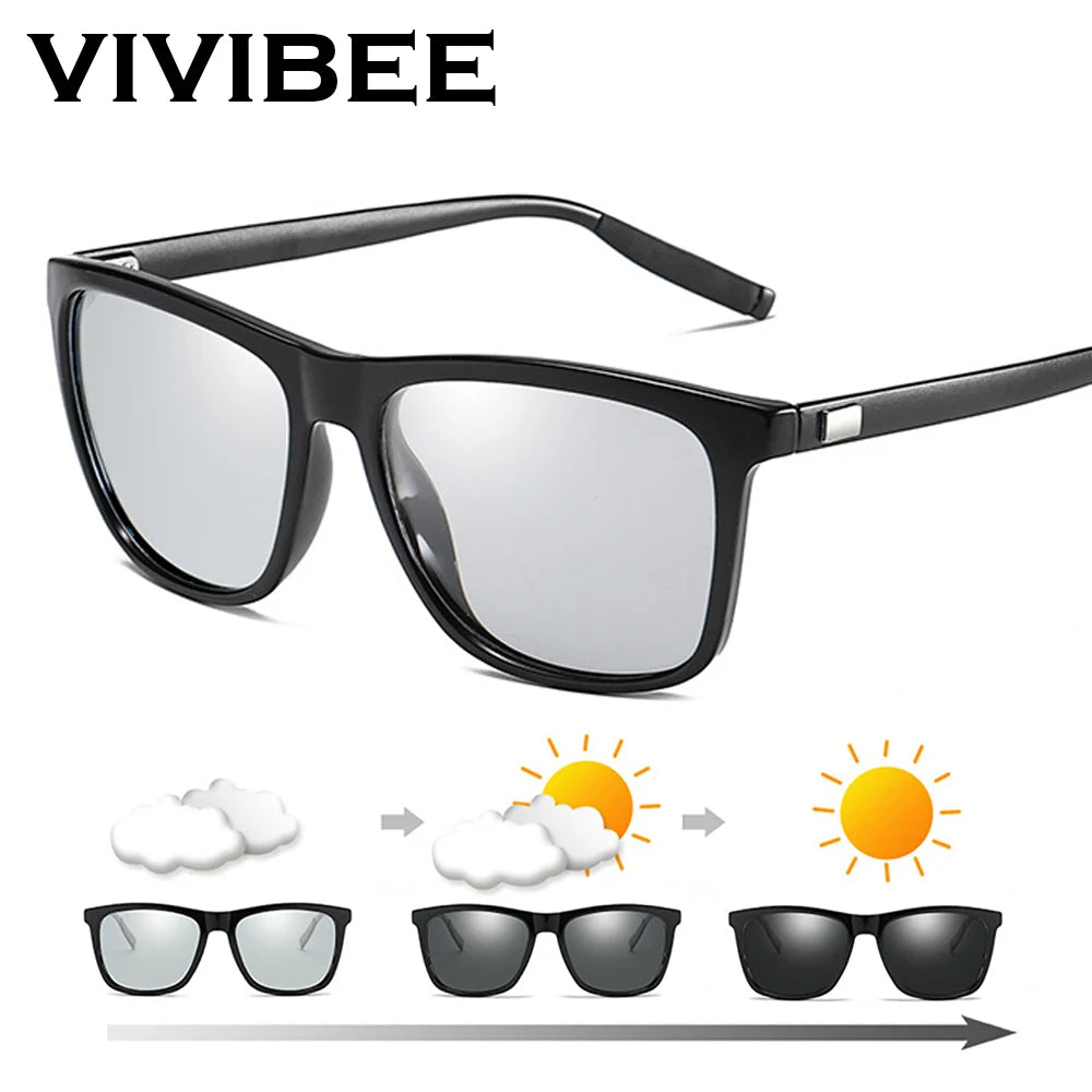 VIVIBEE Farbwechsel Grauer Rahmen Photochrome Polarisierte Sonnenbrille Herren Quadratisch Klassisch Chamäleon Brille Übergangslinsen