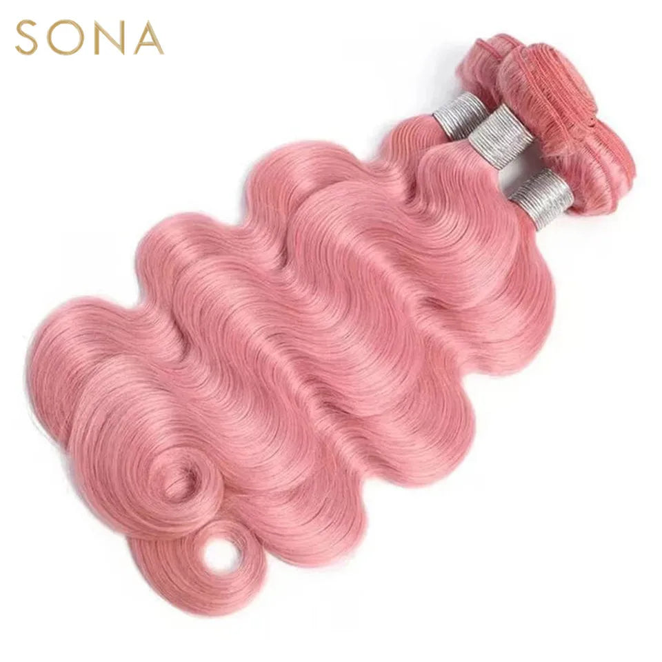 Hellrosa Farbige Haarwebart Bundles Mit 4X4 Verschluss Brasilianische Remy Körperwelle Rosa Haarverlängerungen Schuss Für Frauen 3 Teile/los