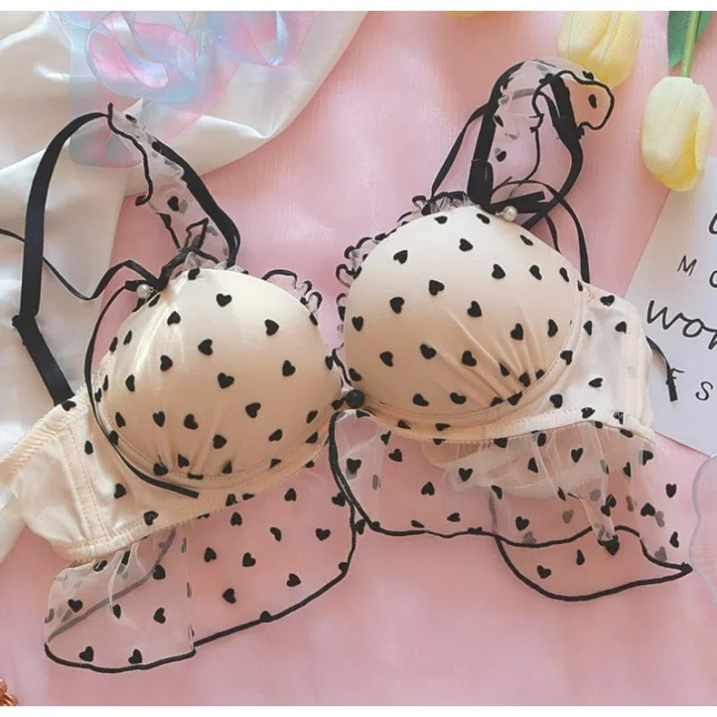 Japanisches Mädchen Polka Dot BH Set Pure Desire Sexy ohne Bügel Kleine Brust Push-Up Unterwäsche Niedlicher Spitzen-BH