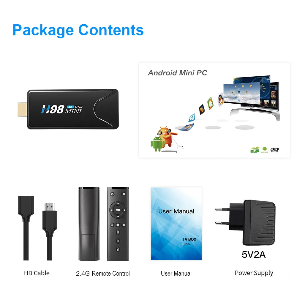 HONGTOP Mini TV Stick H98Mini Android 10 Support 4K HD Video 2.4G/5G WiFi TV Box H.265 Bluetooth Media Player Set Top Box