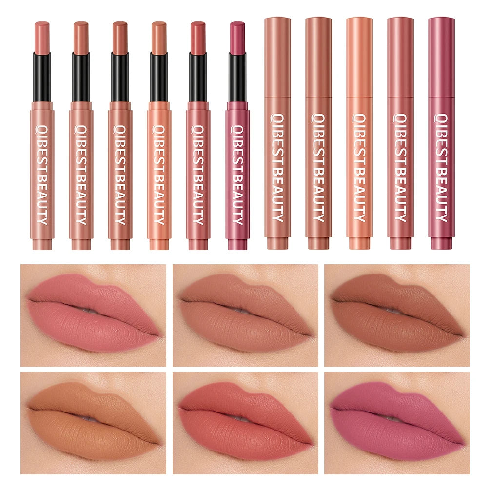 QIBEST Matte Lippenstift Lip Tint Langlebig Samt Lipliner Bleistift Nicht Verblassen Antihaft-Cup Make-Up Lippenstift Lippenbalsam Kosmetik