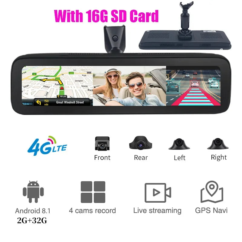 4G Android 2 GB + 32 GB Dash Cam 4 Objektiv 360 ° 11,25 