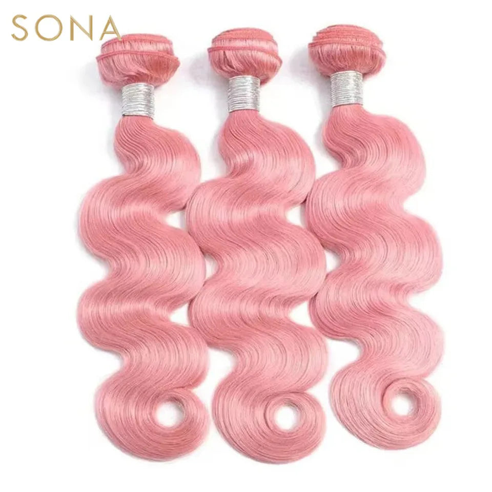 Hellrosa Farbige Haarwebart Bundles Mit 4X4 Verschluss Brasilianische Remy Körperwelle Rosa Haarverlängerungen Schuss Für Frauen 3 Teile/los