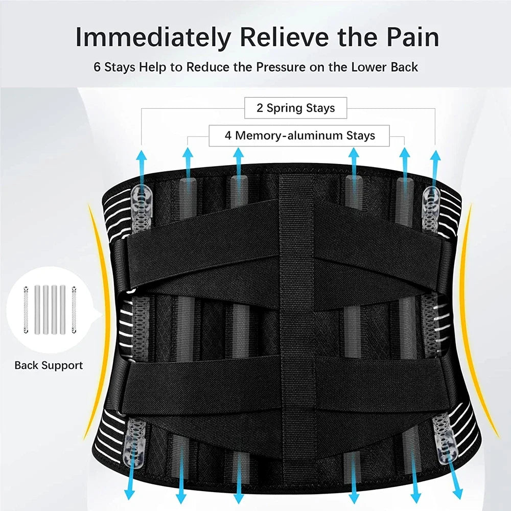 Lower Back Brace with 6 Stays Anti-skid Orthopedic Lumbar Support with Pad Breathable Waist Support Belt for Gym Pain Relief