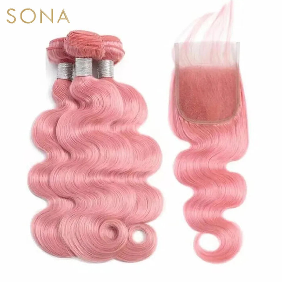 Hellrosa Farbige Haarwebart Bundles Mit 4X4 Verschluss Brasilianische Remy Körperwelle Rosa Haarverlängerungen Schuss Für Frauen 3 Teile/los