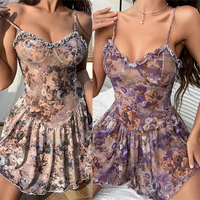 Nightgown Floral camisole mini skirt with sexy lace hot women's night shirts sexy hot woman pajamas slip underwear silk Sex shop