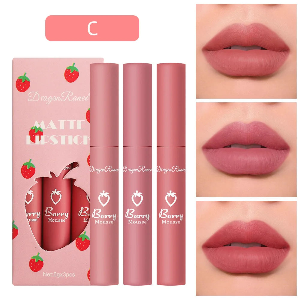 3 stücke Erdbeere Lip Glaze Set Samt Matte Flüssigen Lippenstift Lippenstift