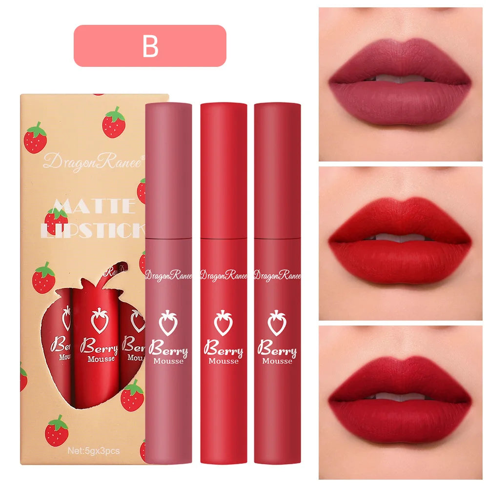 3 stücke Erdbeere Lip Glaze Set Samt Matte Flüssigen Lippenstift Lippenstift