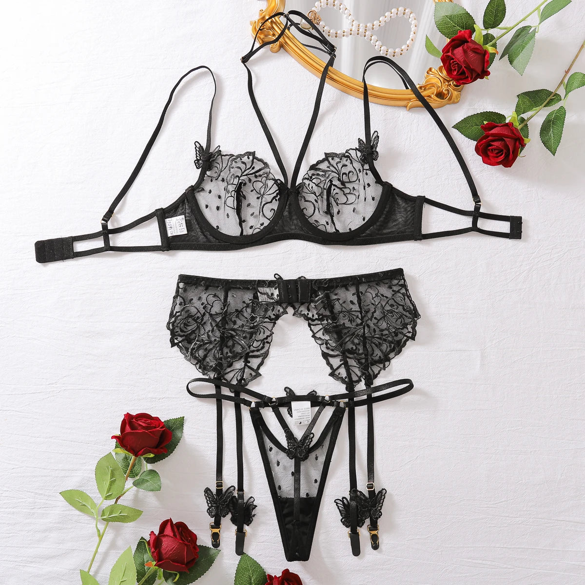 MUZISKAT 2024 Fashion sexy ladies mesh see-through lingerie set erotic butterfly bra and panty garter three-piece set