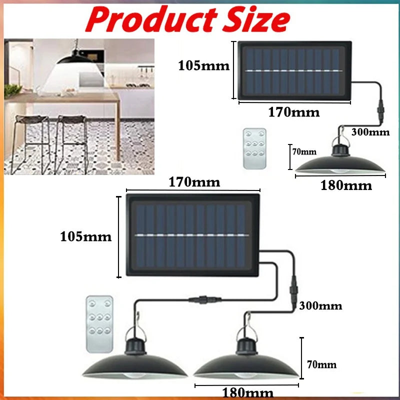 Solar-Pendelleuchte für den Außenbereich, wasserdichte LED-Lampe, Doppelkopf-Kronleuchter-Dekorationen mit Fernbedienung für den Innenbereich, Schuppen, Scheune