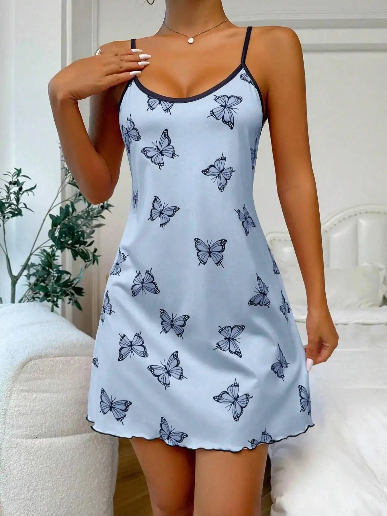 Sexy Heart Eyelash Print Slip Nightdress Lettuce Trim Round Neck Sleep Mini Dress For Valentine's Day Women's Sleepwear Dresses