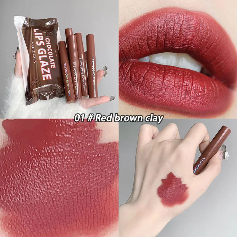 Schokoladen-Lippenglasur-Set, samtig matt, verblasst nicht, lang anhaltender, reichhaltiger Creme-Lippenstift, Milchkaffee-Lippenfarbe, Damen-Make-up, Lippentönung