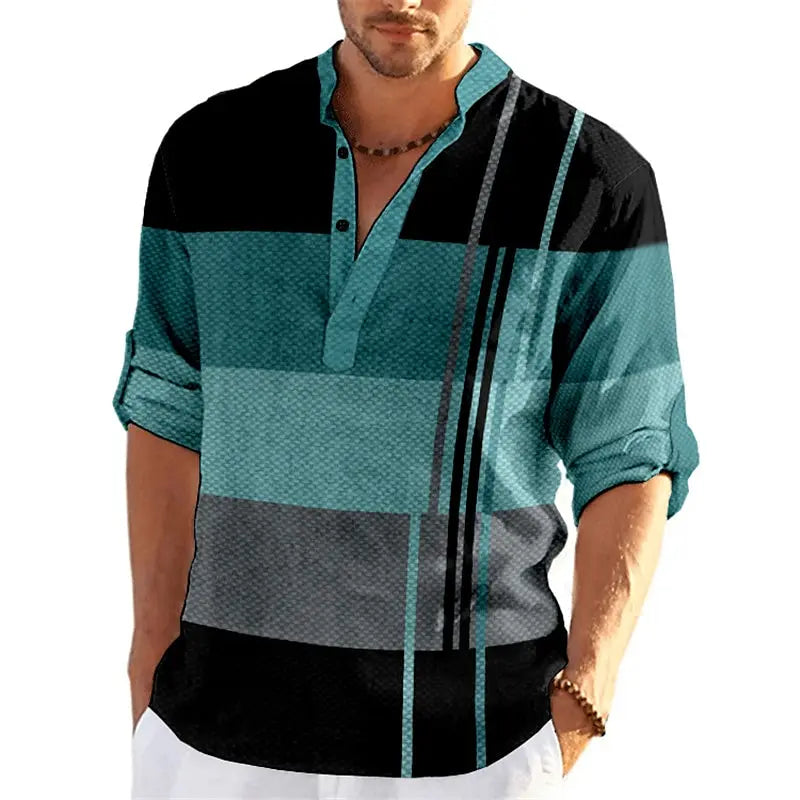 Striped Color Block 3D Print Henley Shirts