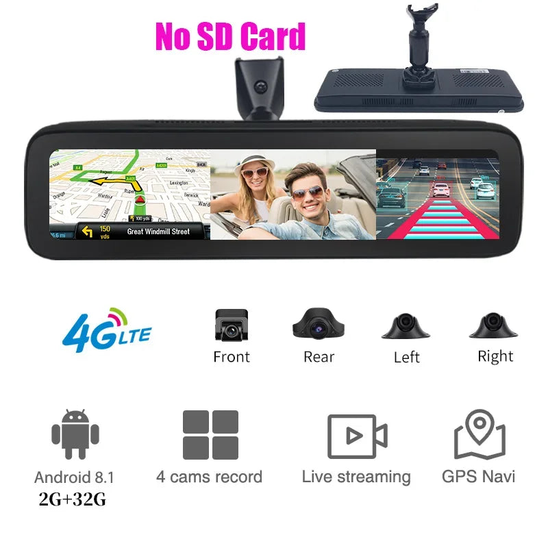 4G Android 2 GB + 32 GB Dash Cam 4 Objektiv 360 ° 11,25 