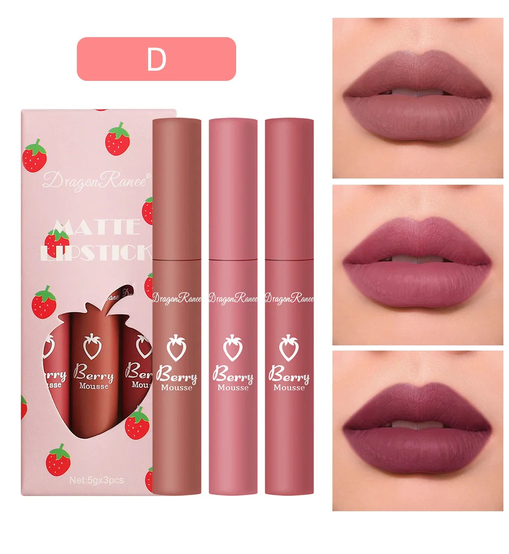 3 stücke Erdbeere Lip Glaze Set Samt Matte Flüssigen Lippenstift Lippenstift