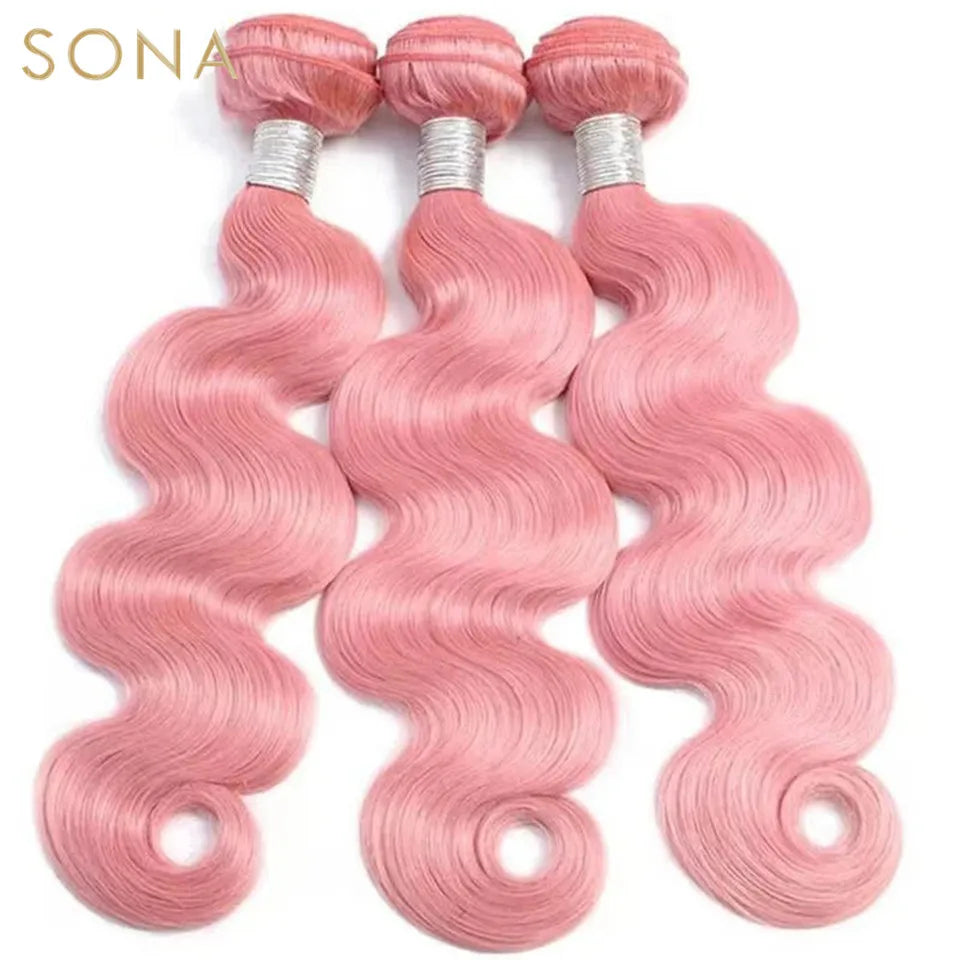 Hellrosa Farbige Haarwebart Bundles Mit 4X4 Verschluss Brasilianische Remy Körperwelle Rosa Haarverlängerungen Schuss Für Frauen 3 Teile/los