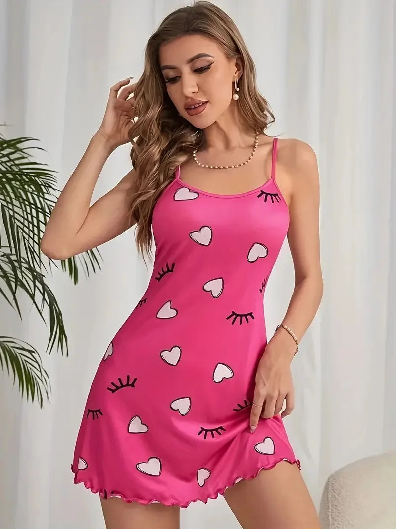 Sexy Heart Eyelash Print Slip Nightdress Lettuce Trim Round Neck Sleep Mini Dress For Valentine's Day Women's Sleepwear Dresses