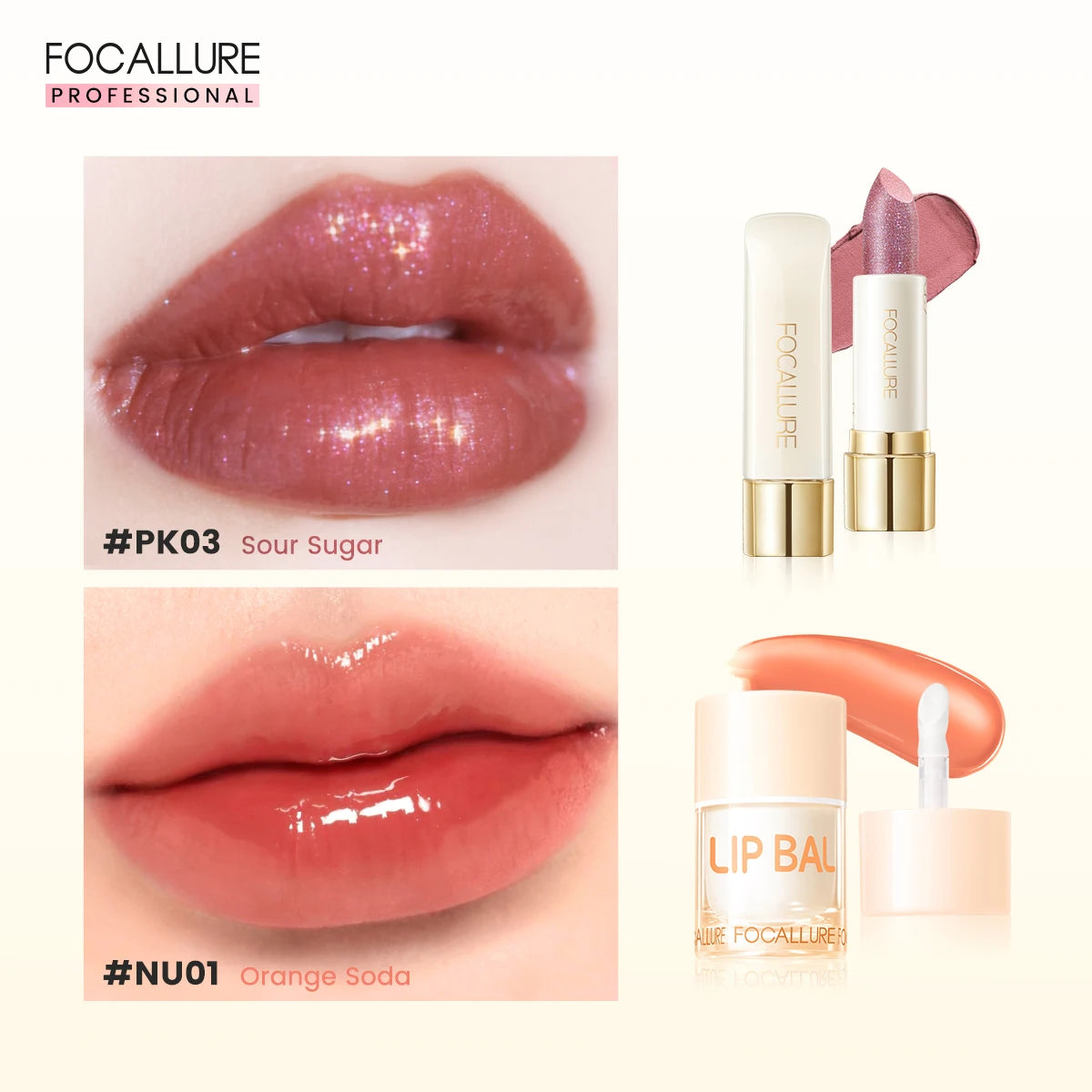 FOCALLURE 2 Stück Lipgloss Diamant-Lippenstift Nicht klebender flüssiger Lippenstift Set Feuchtigkeitsspendende Lip Blam Lippen Make-up Kosmetik