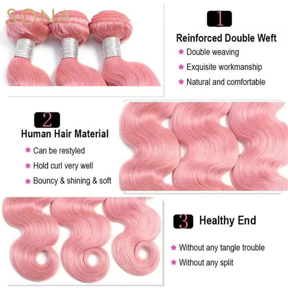 Hellrosa Farbige Haarwebart Bundles Mit 4X4 Verschluss Brasilianische Remy Körperwelle Rosa Haarverlängerungen Schuss Für Frauen 3 Teile/los