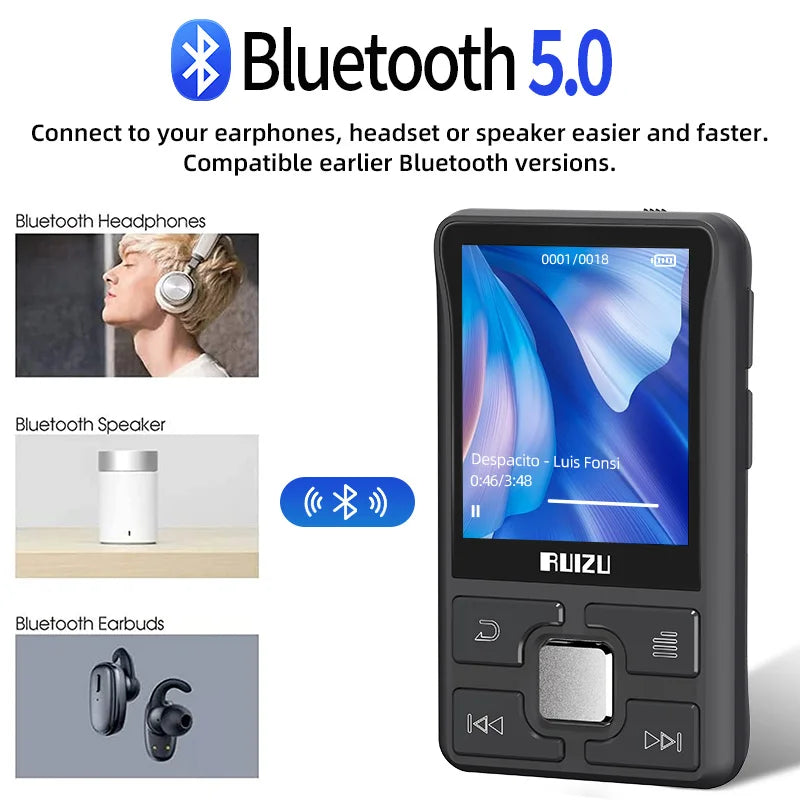 RUIZU Original X55 Clip Sport Bluetooth MP3-Player Mini mit Bildschirmunterstützung TF-Karte Tragbarer Musik-Video-Player-Recorder E-Book