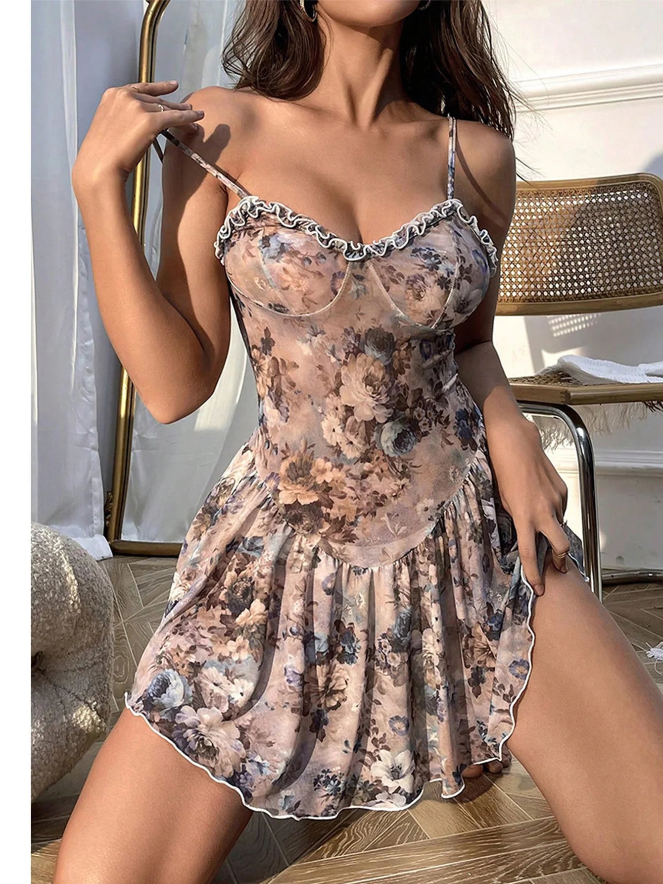 Nightgown Floral camisole mini skirt with sexy lace hot women's night shirts sexy hot woman pajamas slip underwear silk Sex shop