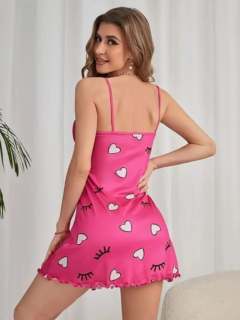 Sexy Heart Eyelash Print Slip Nightdress Lettuce Trim Round Neck Sleep Mini Dress For Valentine's Day Women's Sleepwear Dresses