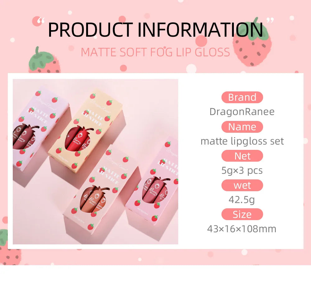 3 stücke Erdbeere Lip Glaze Set Samt Matte Flüssigen Lippenstift Lippenstift