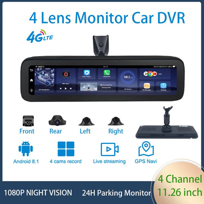 4G Android 2GB+32GB Dash Cam 4 Lens 360° 11.25" Mirror Cameras HD 1080P Auto Camera GPS WIFI ADAS Car DVR With Rear View - ActiveLifeTech