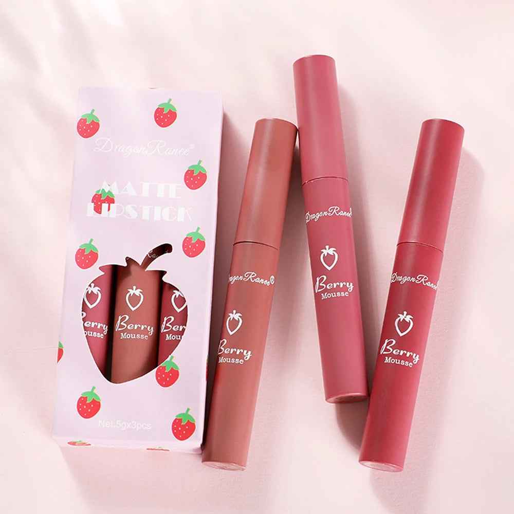 3 stücke Erdbeere Lip Glaze Set Samt Matte Flüssigen Lippenstift Lippenstift