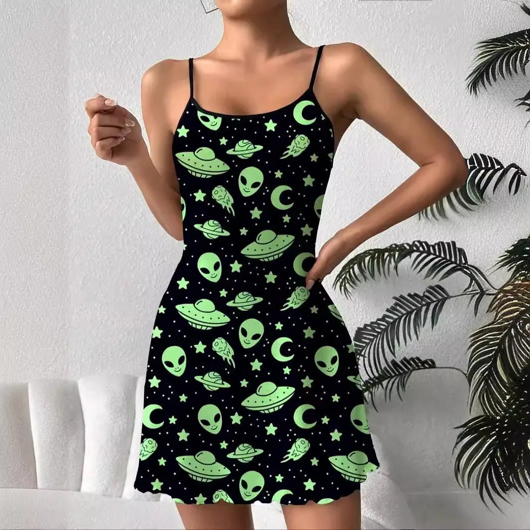 Sexy Heart Eyelash Print Slip Nightdress Lettuce Trim Round Neck Sleep Mini Dress For Valentine's Day Women's Sleepwear Dresses