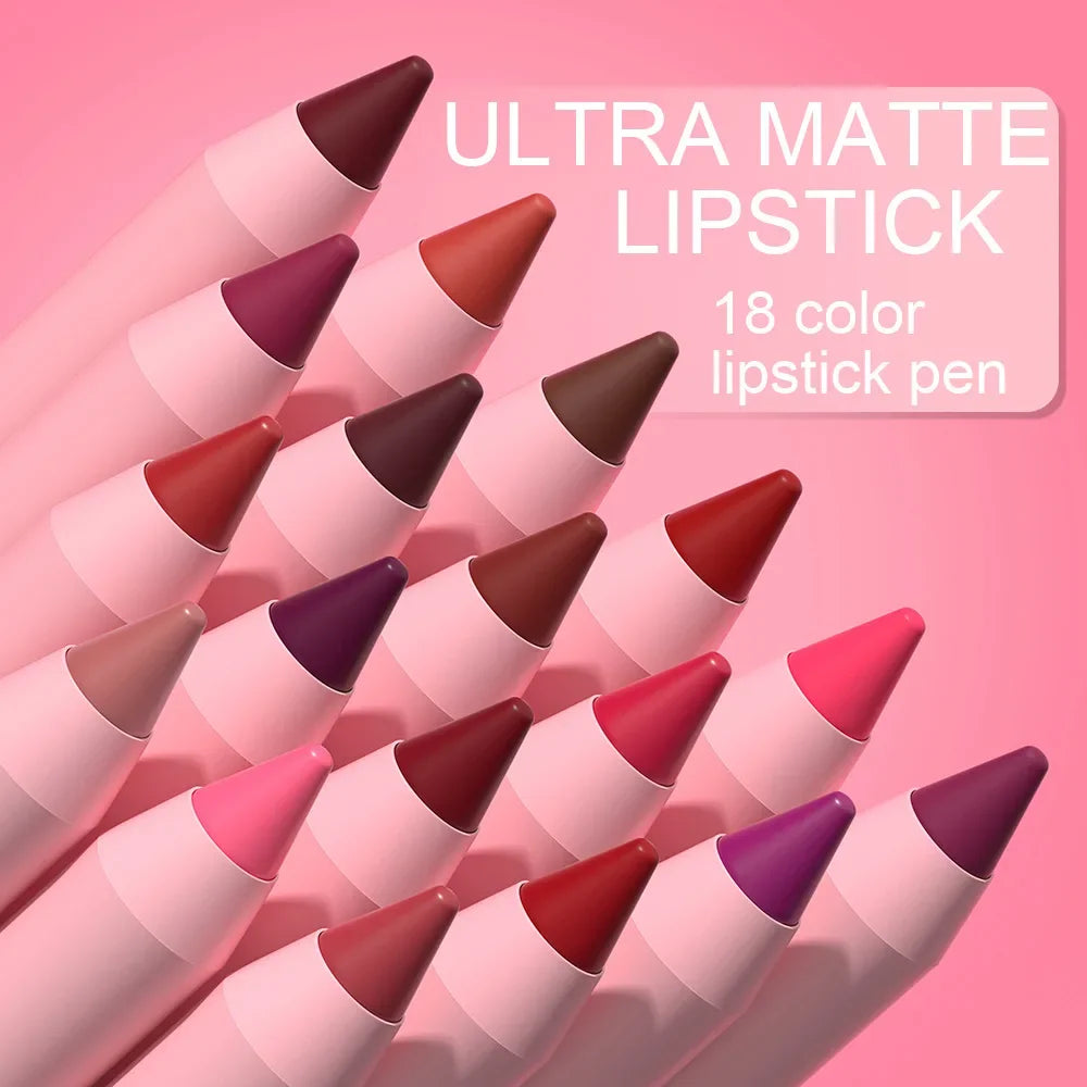 18-Colors Lipstick Pencil Waterproof Sexy Red Matte Contour Tint Lipstick Lasting Non-stick Cup Lipliner Pen Lip Makeup Cosmetic